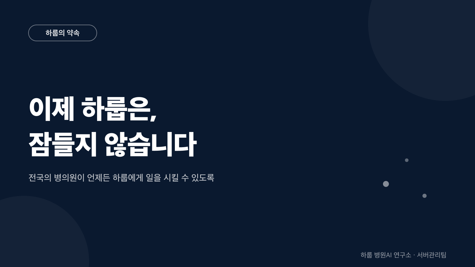 이제 하룹은 잠들지 않습니다 — 전국 병의원이 언제든 일을 시킬 수 있도록, 하룹의 약속 포스터