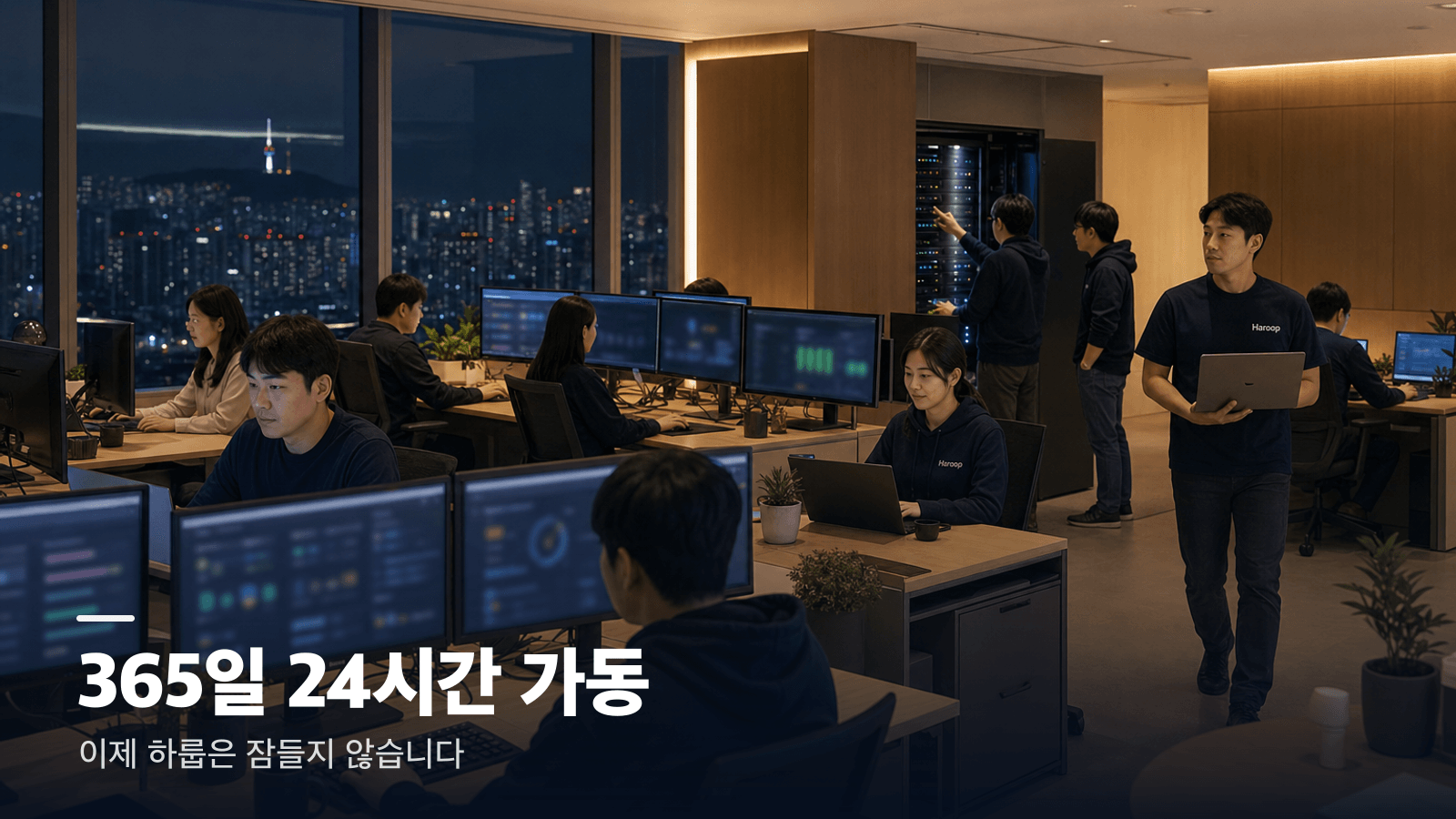 야간에도 가동 중인 하룹 병원AI 연구소 — 서버랙과 모니터 불빛 아래 일하는 하룹 팀의 모습