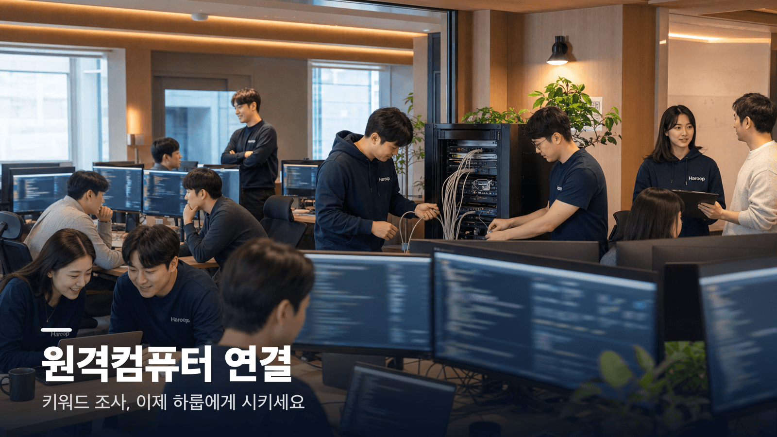 원격컴퓨터 연결 작업 중인 하룹 팀 — 서버랙과 모니터 앞에서 일하는 하룹 직원들의 모습